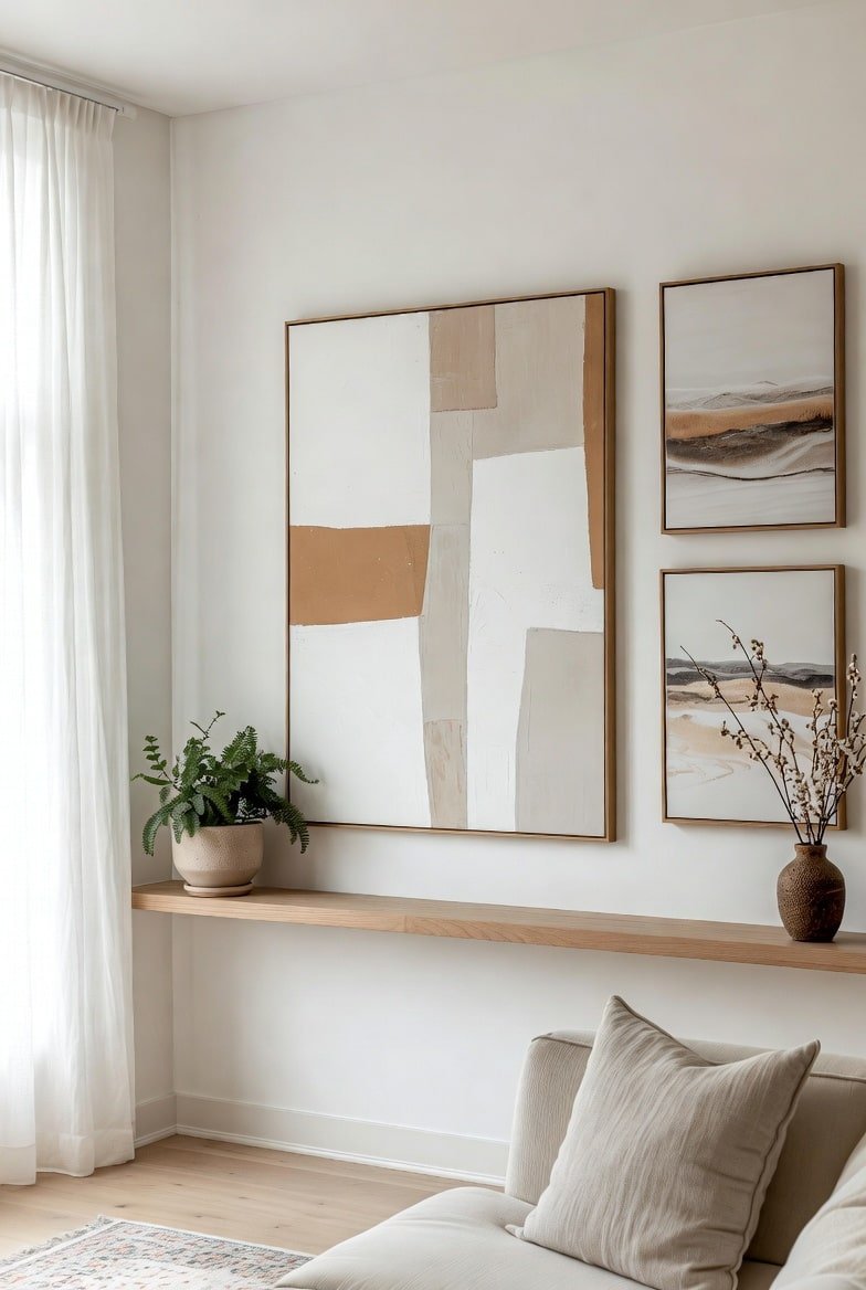 White living room wall featuring a long wooden floating shelf holding abstract art and plants.