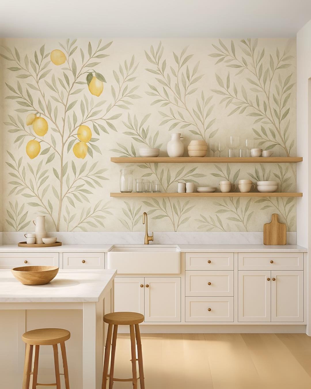 Kitchen featuring full wall lemon tree mural with floating wooden shelves and farmhouse sink
