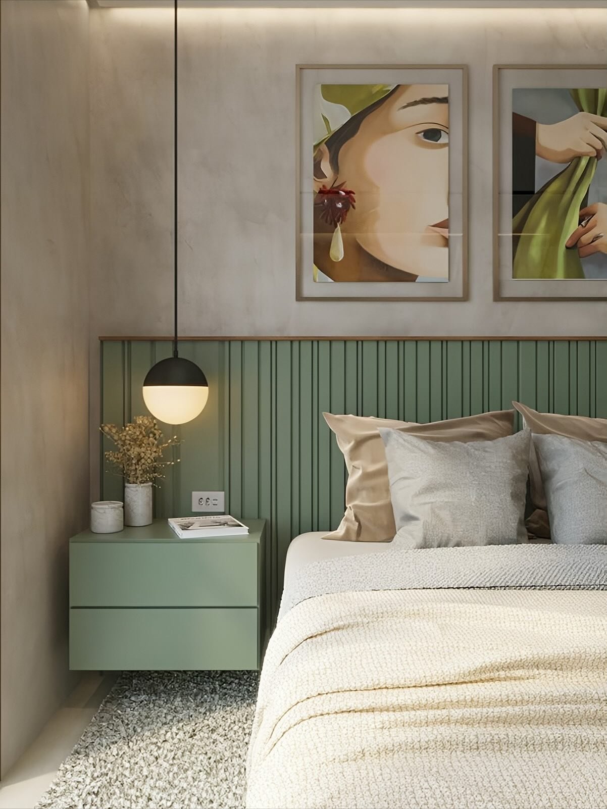 Bedroom featuring sage green fluted wall paneling with two framed fashion portrait prints