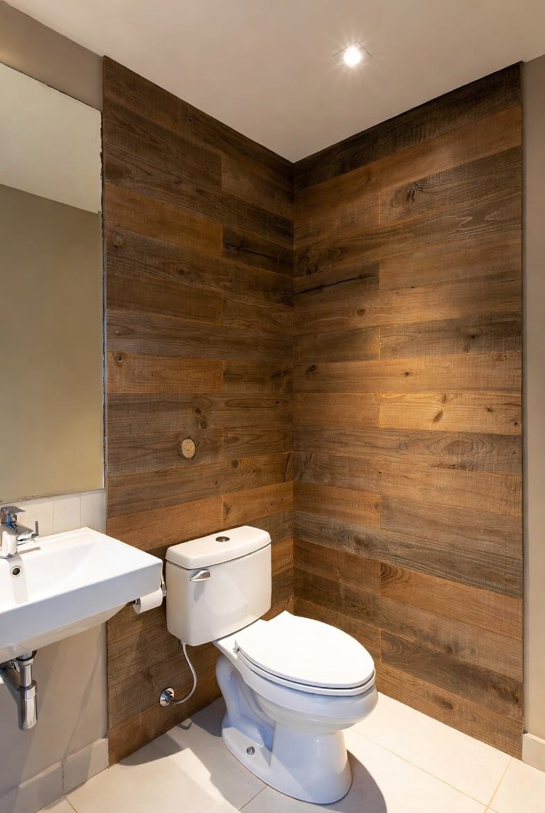 Small bathroom corner featuring horizontal reclaimed wood plank walls behind a white toilet.