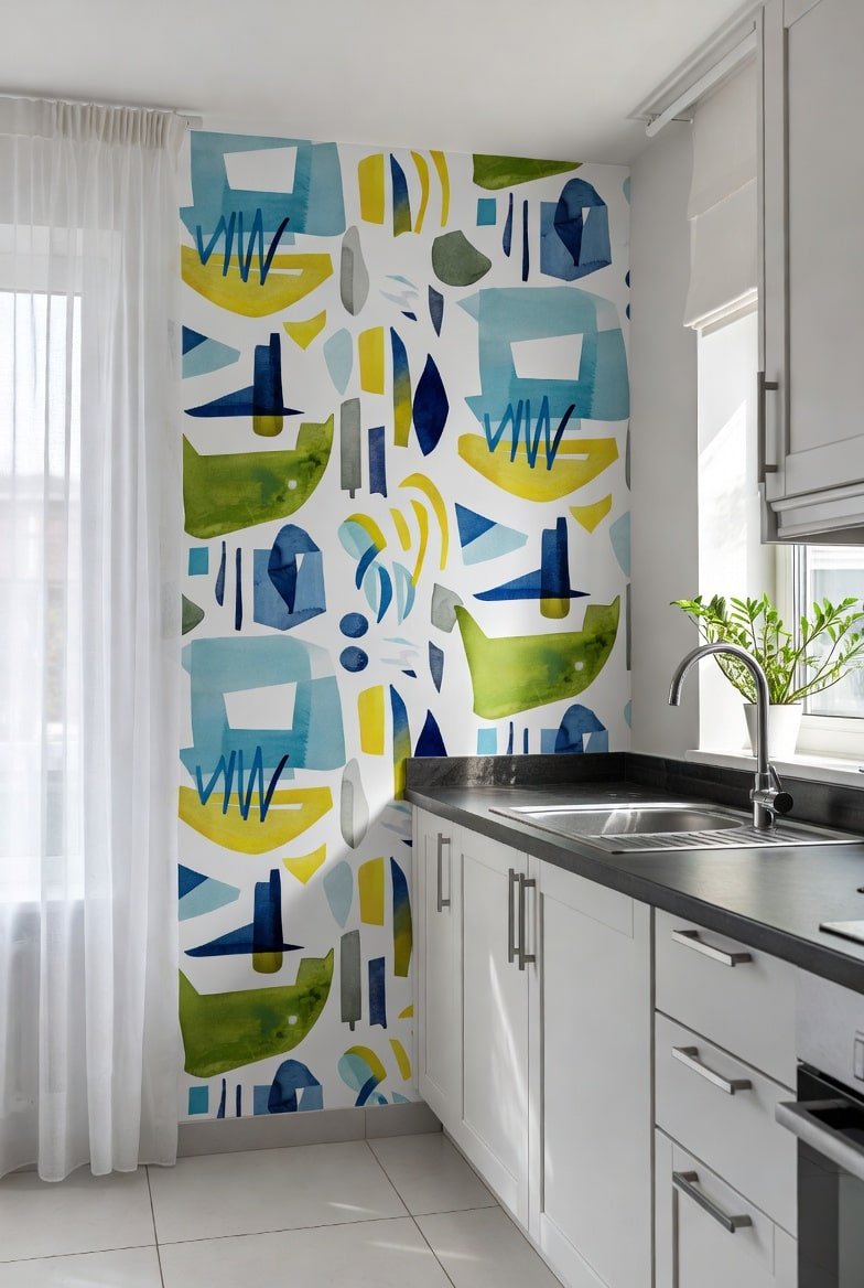 Kitchen featuring a white wall with blue, green, and yellow abstract shapes