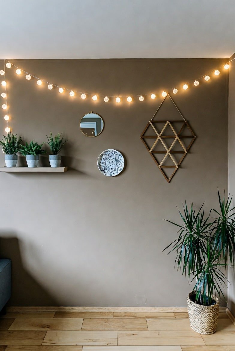 Brown living room wall decorated with globe string lights, plants, and geometric wood art.
