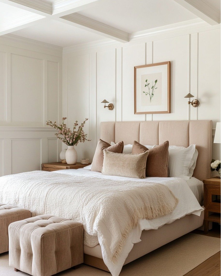 Bedroom featuring a white accent wall with vertical molding, a beige bed, and a coffered ceiling.