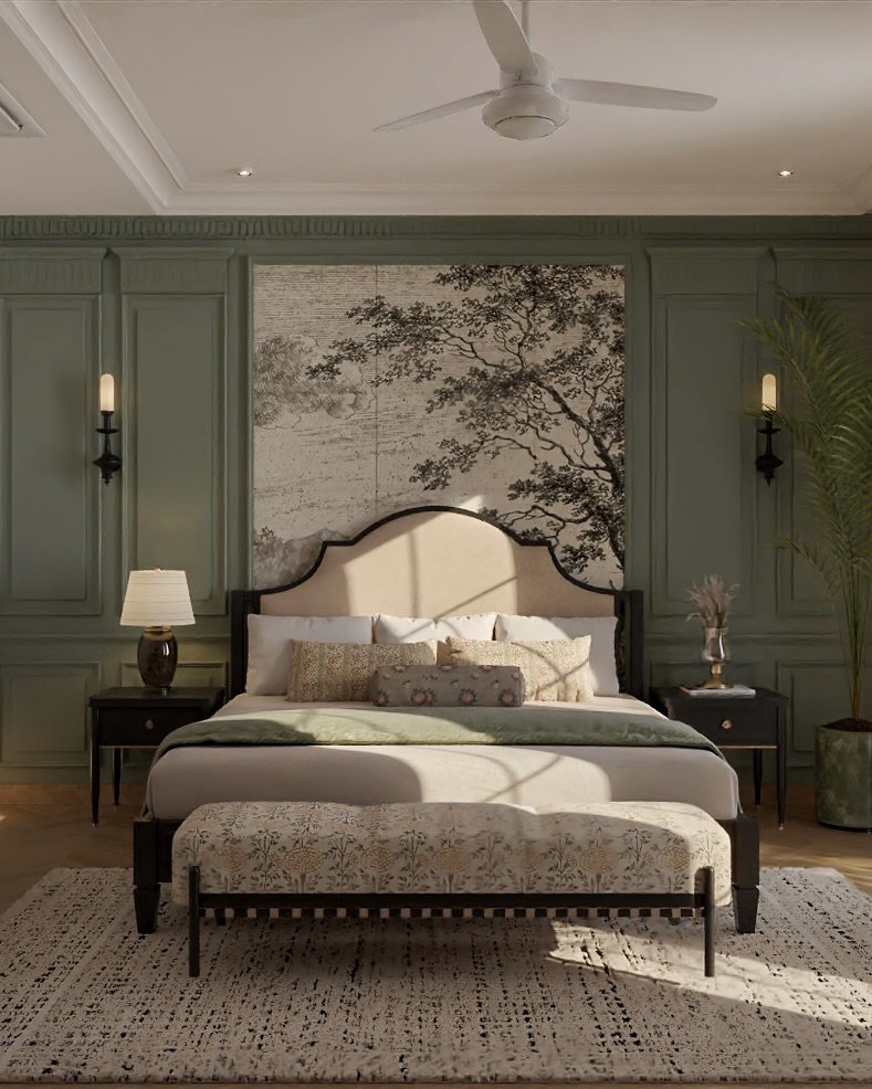 Bedroom featuring green paneled walls framing a large sepia landscape mural behind a curved beige headboard.