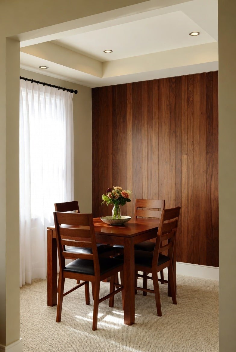 Dining area featuring a vertical wood plank accent wall inside a recessed alcove with a wooden table.