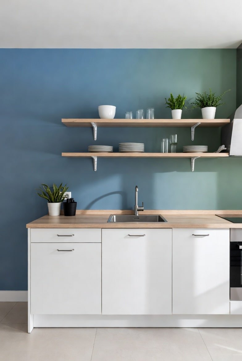 Kitchen featuring a blue and green gradient accent wall with open shelving