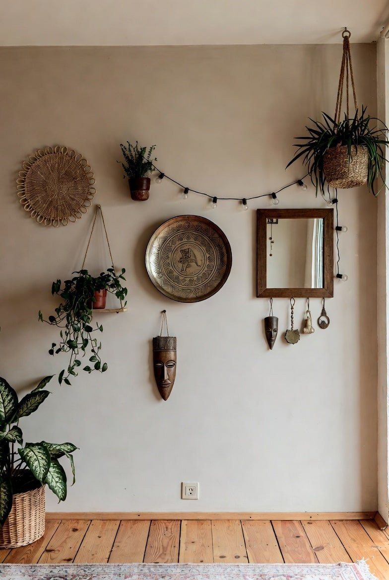 Beige wall featuring eclectic decor including a wooden mask, brass plate, mirror, and hanging plants.