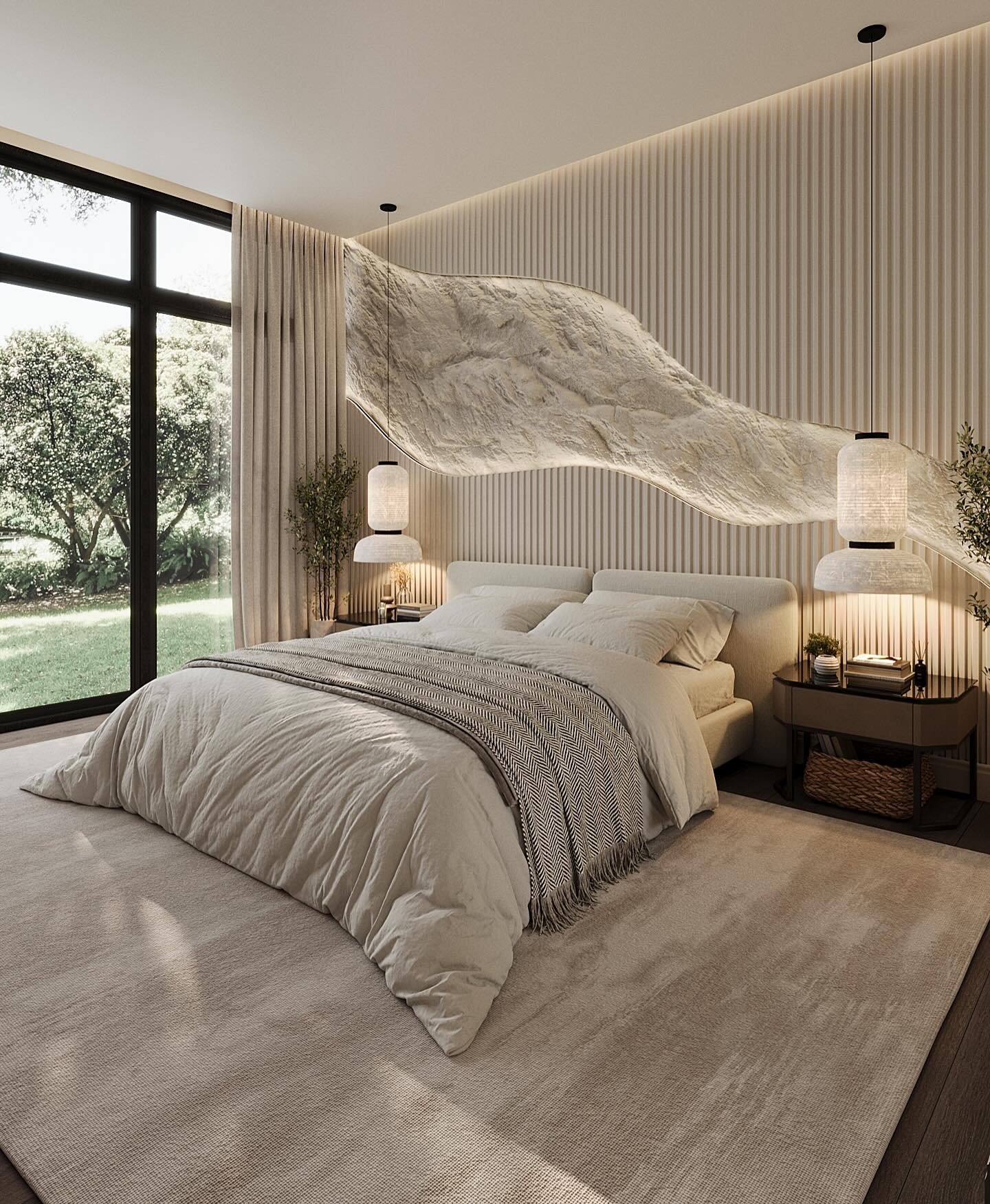 Modern bedroom featuring a fluted beige wall with a large backlit organic stone wave sculpture.