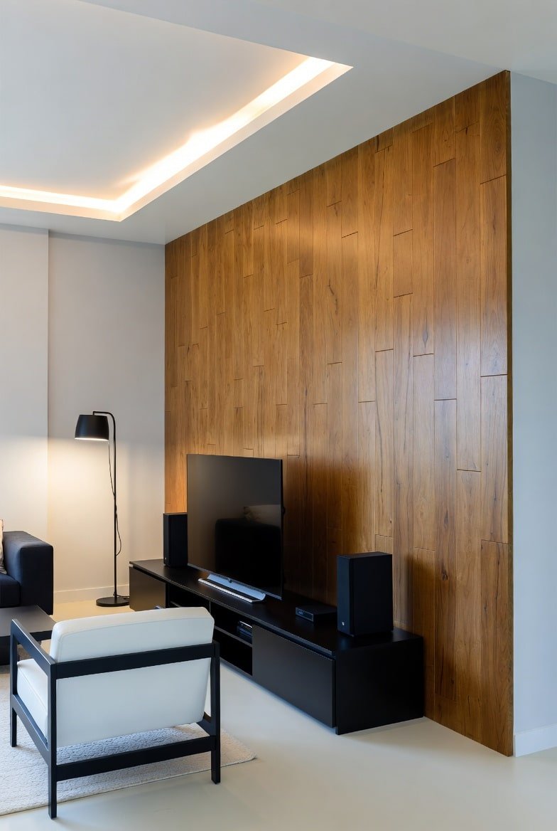 Modern living room with a warm wood accent wall featuring staggered vertical planks.