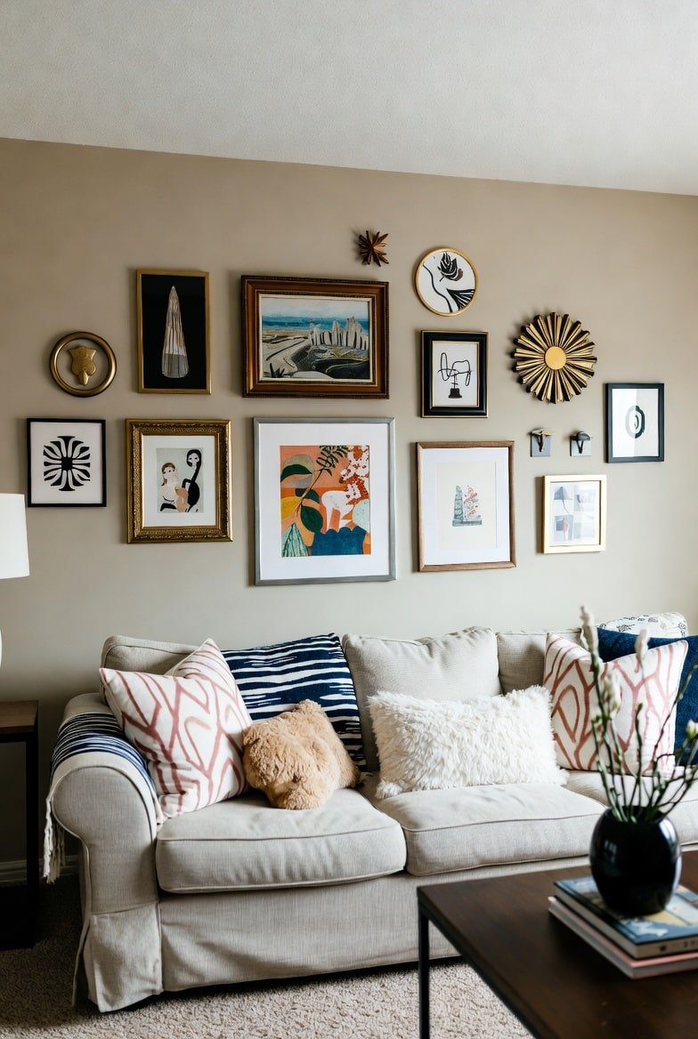 Beige living room wall covered in a gallery of mixed frames, gold accents, and abstract art above a sofa.