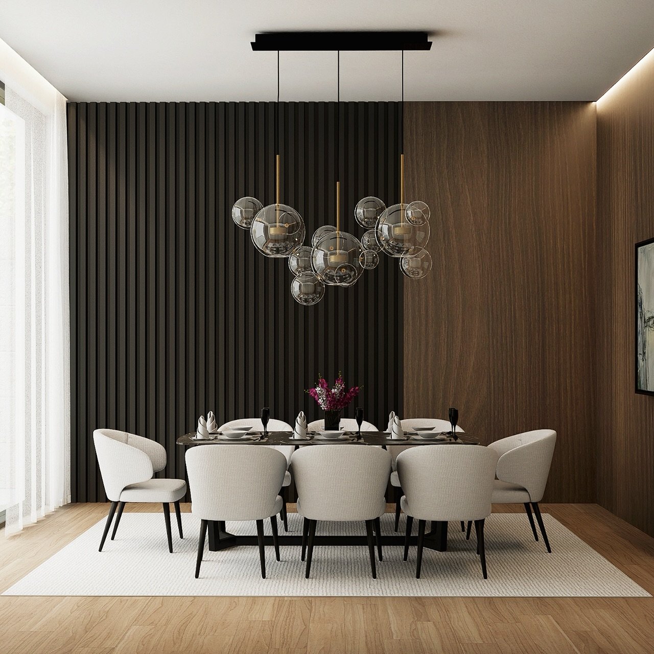 Modern dining room accent wall featuring black vertical slats and flat wood paneling with a bubble chandelier.