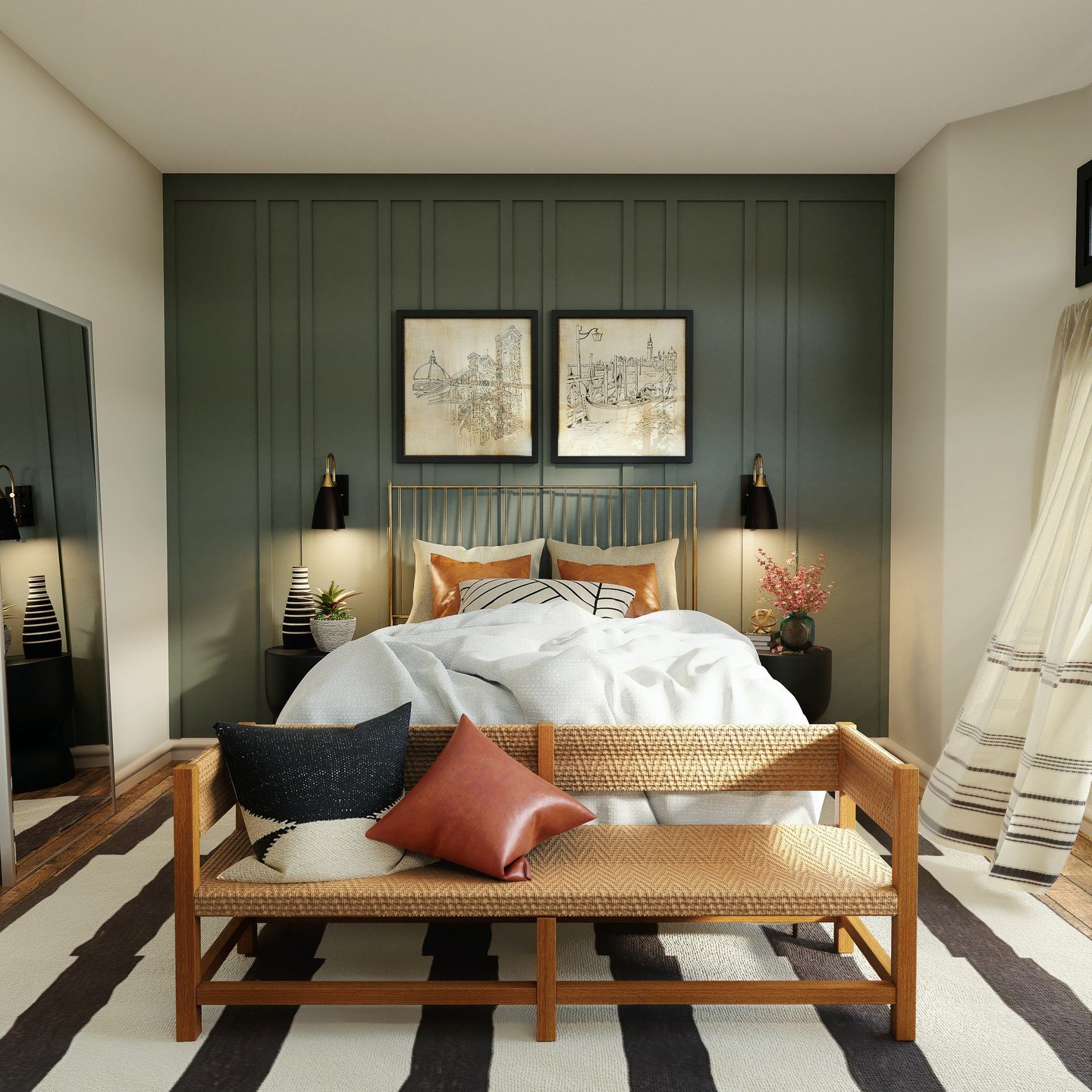 Bedroom with muted olive green vertical board and batten accent wall behind a gold metal bed frame.