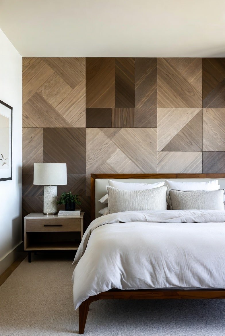 Bedroom accent wall made of square wood panels with varied grain directions and tones.