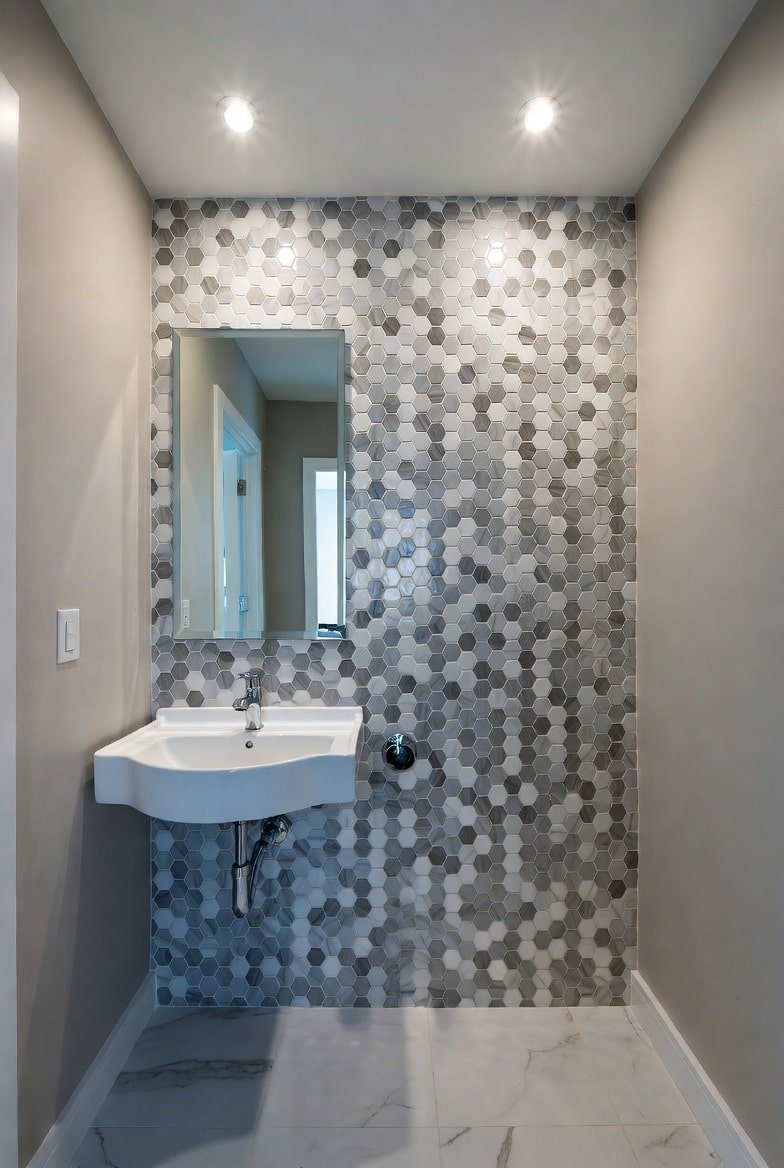Small bathroom vanity featuring a grey and white hexagon tile accent wall with a floating sink.