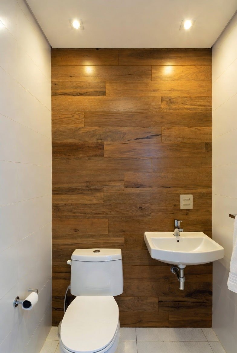 Small modern bathroom featuring a horizontal wood plank accent wall behind a white sink.