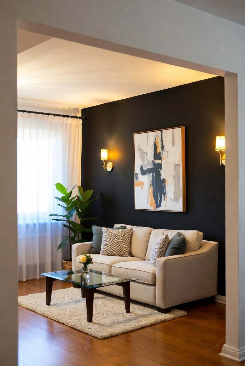 Living room corner featuring a matte Black Accent Wall with large abstract art, gold sconces, and a beige loveseat.