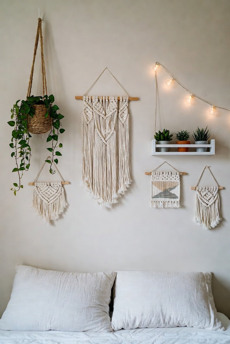 Bedroom wall decorated with macrame wall hangings, hanging plants, and string lights