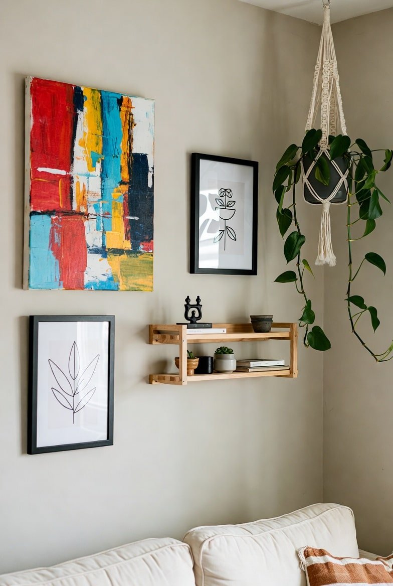 Beige living room corner featuring colorful abstract art, black framed prints, and a hanging macramé plant.