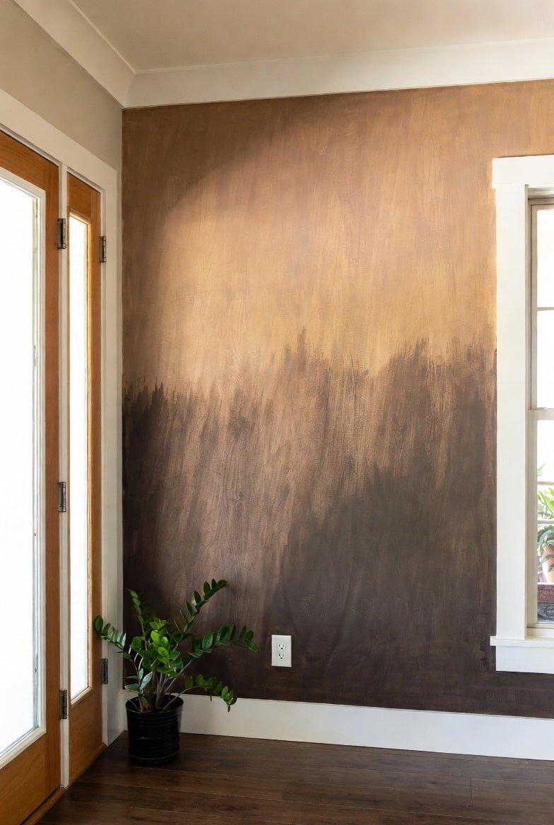 Entryway accent wall featuring textured brown and tan ombre paint, white trim, and potted plant.