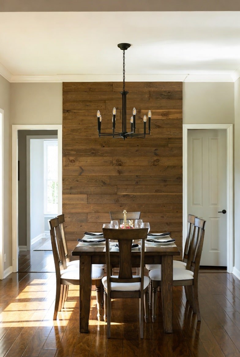 Dining room featuring a dark horizontal wood plank accent wall between two doorways.