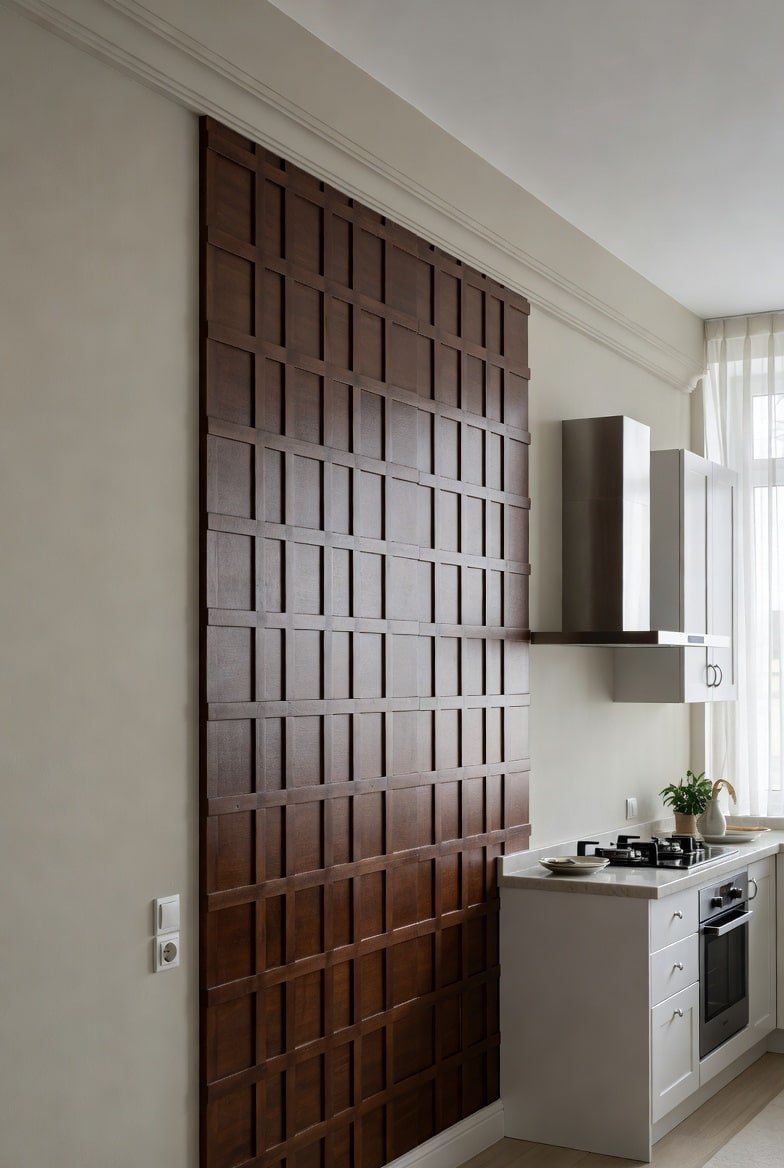 Kitchen featuring a floor-to-ceiling dark brown wood grid accent wall
