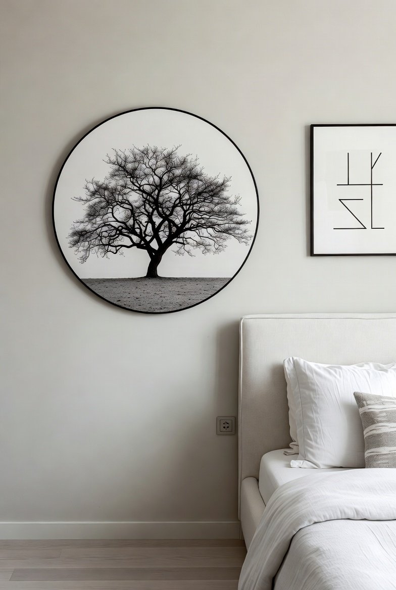 Bedroom accent wall featuring a large round black and white tree print and abstract art