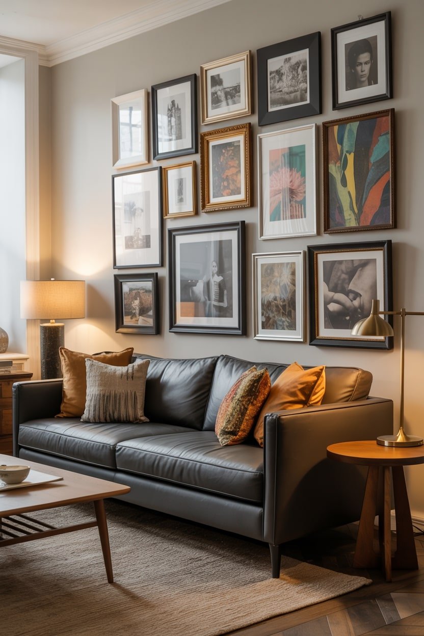 Beige living room wall covered in a dense mix of framed art and photography above a black leather sofa.