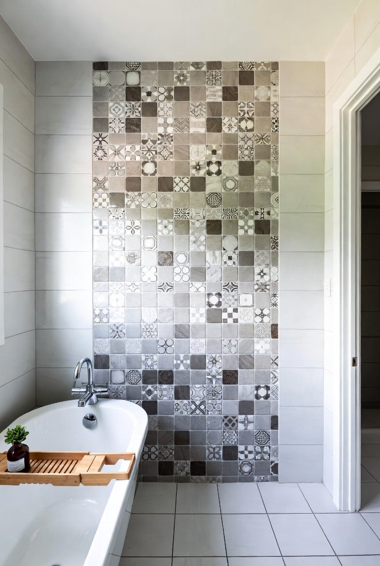 Bathroom with white tub and a vertical strip of mixed grey and white patterned tiles.