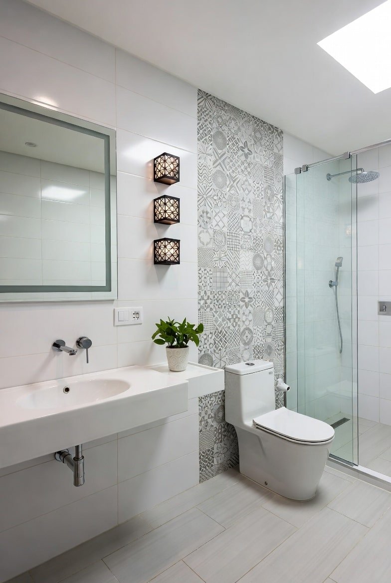 Bathroom wall decor featuring vertical strip of grey patterned tiles and geometric sconces