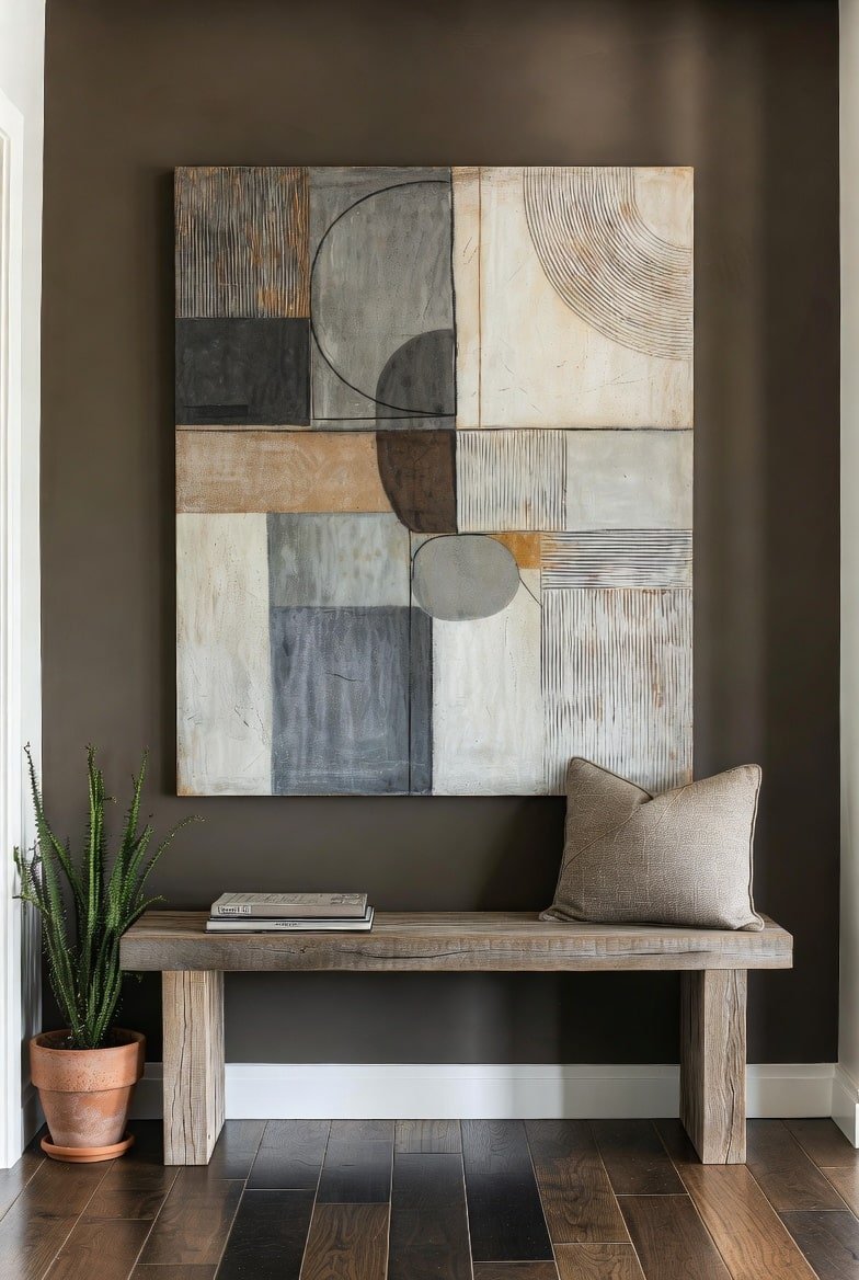 Dark brown entryway accent wall featuring large abstract geometric art, rustic wooden bench, and potted snake plant.