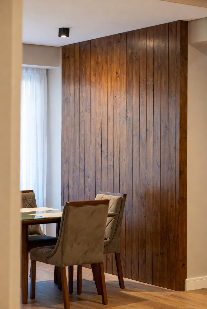 Dining area featuring a floor-to-ceiling vertical wood plank accent wall behind a glass table.