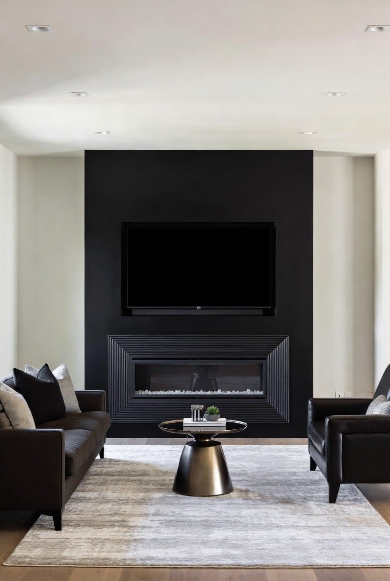 Living room featuring a black accent wall with a built-in modern fireplace, ribbed surround, and mounted TV.