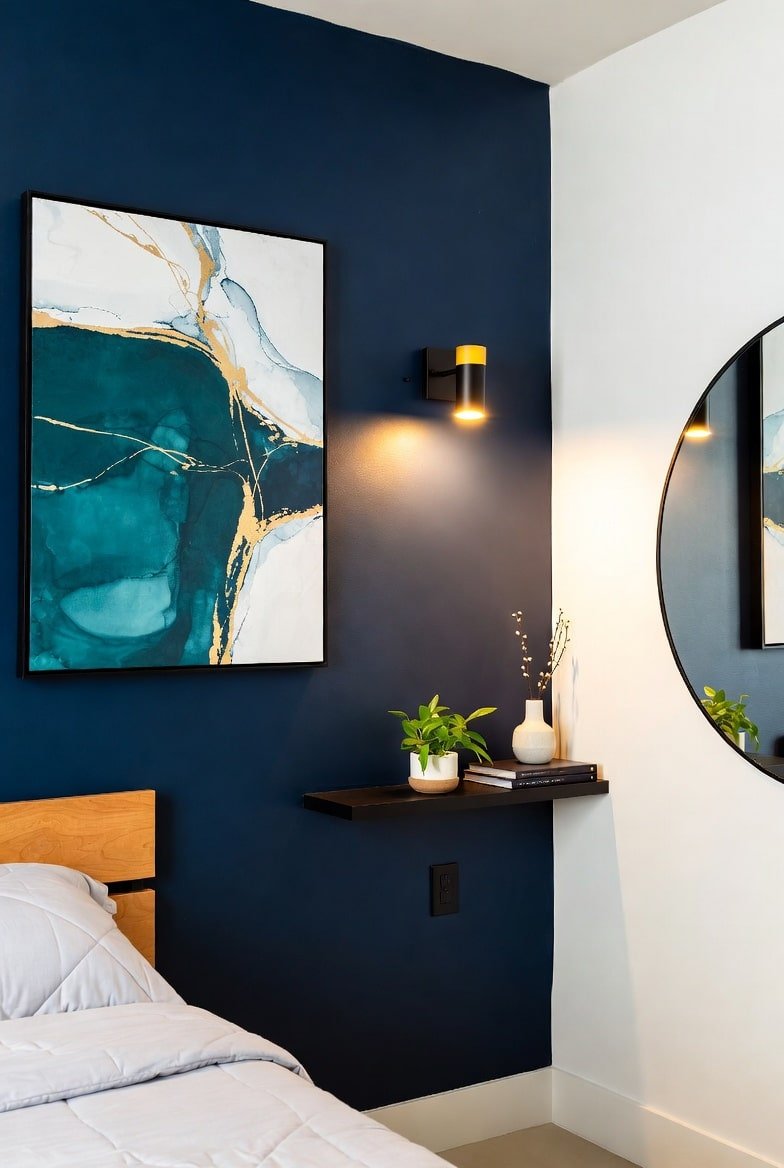 Navy blue accent wall featuring large abstract art with gold details and modern black sconce