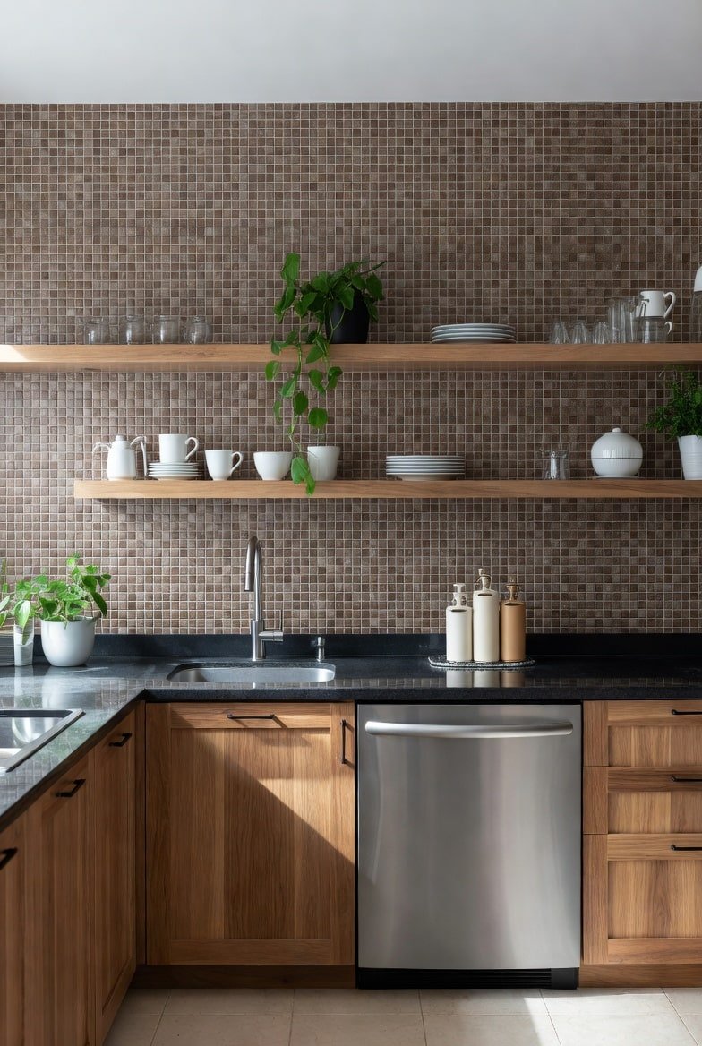 Kitchen featuring a brown mosaic tile accent wall behind floating wooden shelves