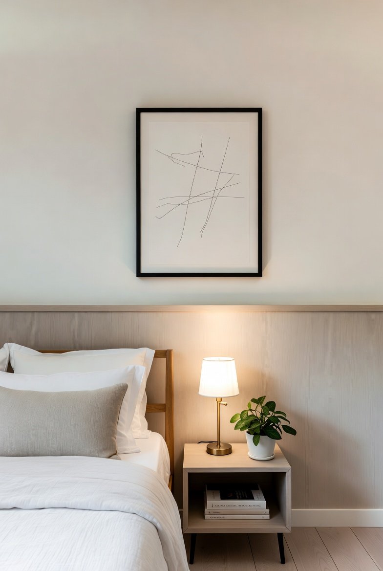 Beige bedroom half-wall paneling with black framed abstract sketch and warm lamp