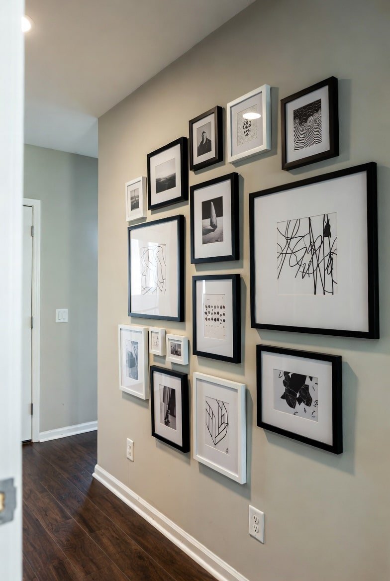 Hallway accent wall featuring a gallery of black and white framed abstract art on a beige wall.