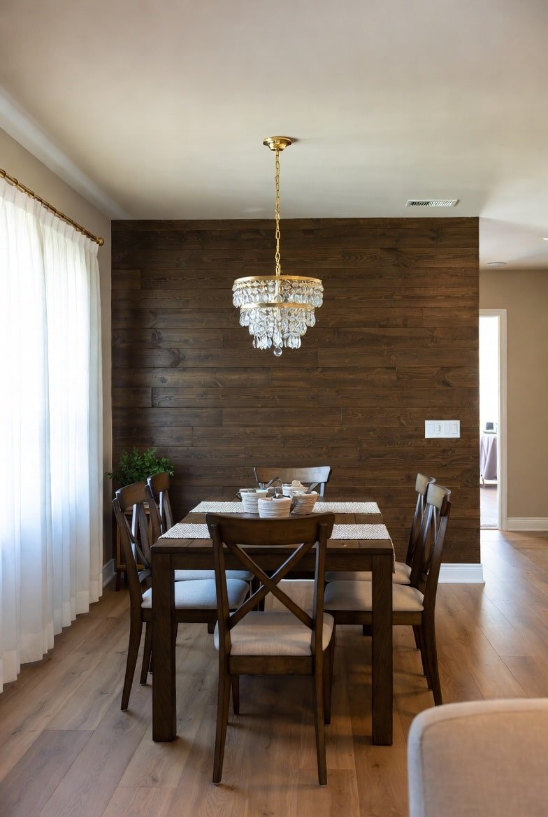 Dining room featuring a dark horizontal wood plank accent wall with a crystal chandelier.