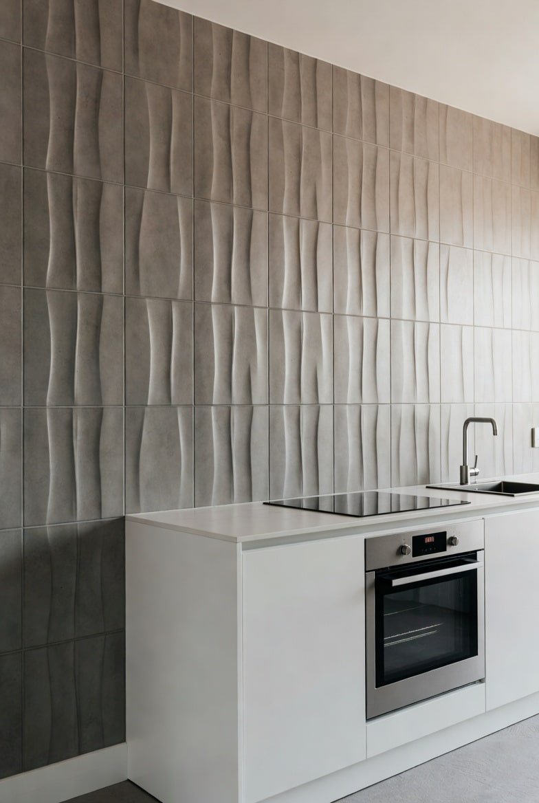 Kitchen featuring a beige accent wall with vertical wavy tiles