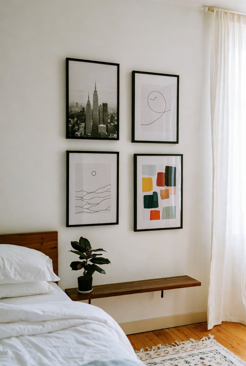 White bedroom wall featuring a square grid of four framed art prints and a floating wooden shelf