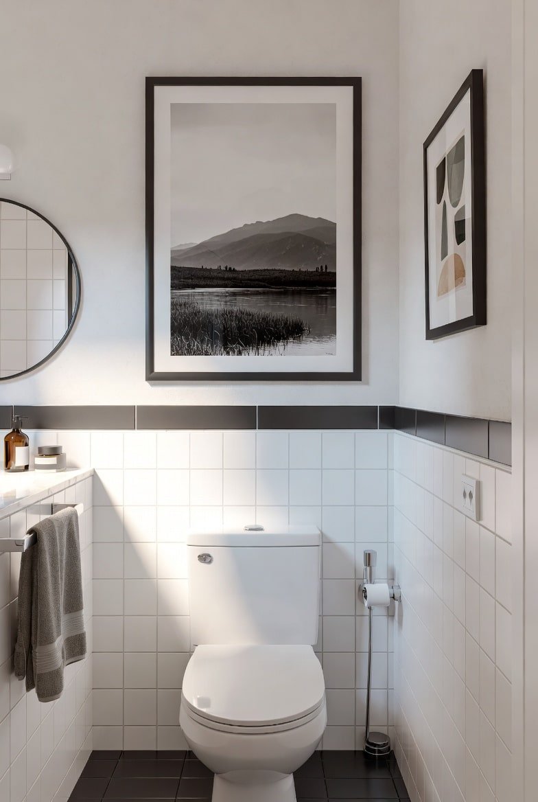 Bathroom wall decor with white tiles and black framed landscape art above toilet