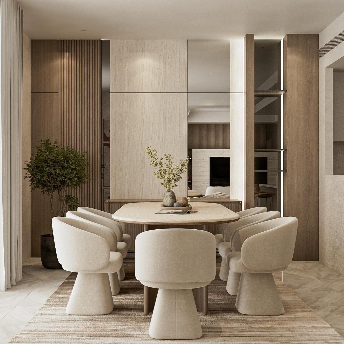 Neutral dining room accent wall featuring vertical wood slats and large stone panels with mirrors.
