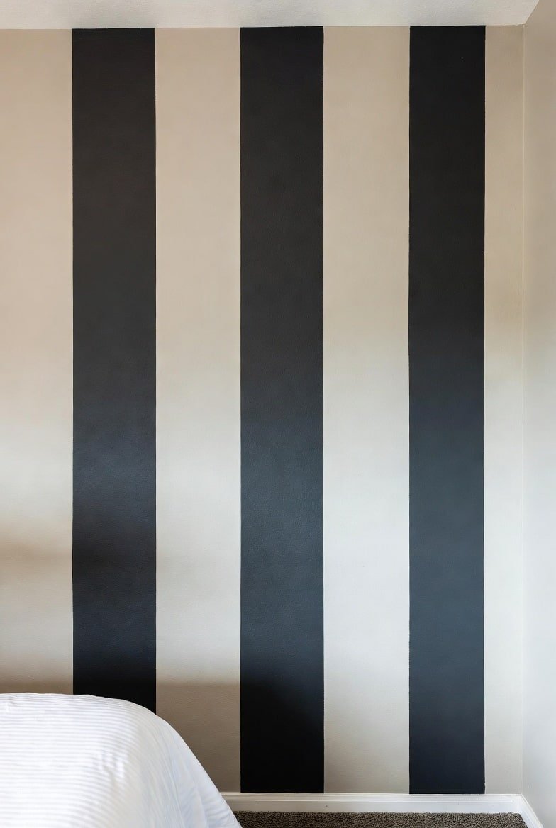 Bedroom wall painted with wide vertical black and white stripes near a bed.