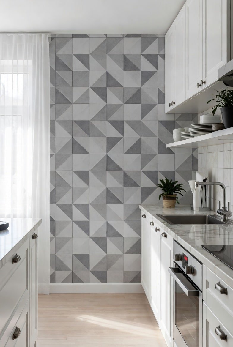 Kitchen featuring a grey and white triangle pattern tile accent wall