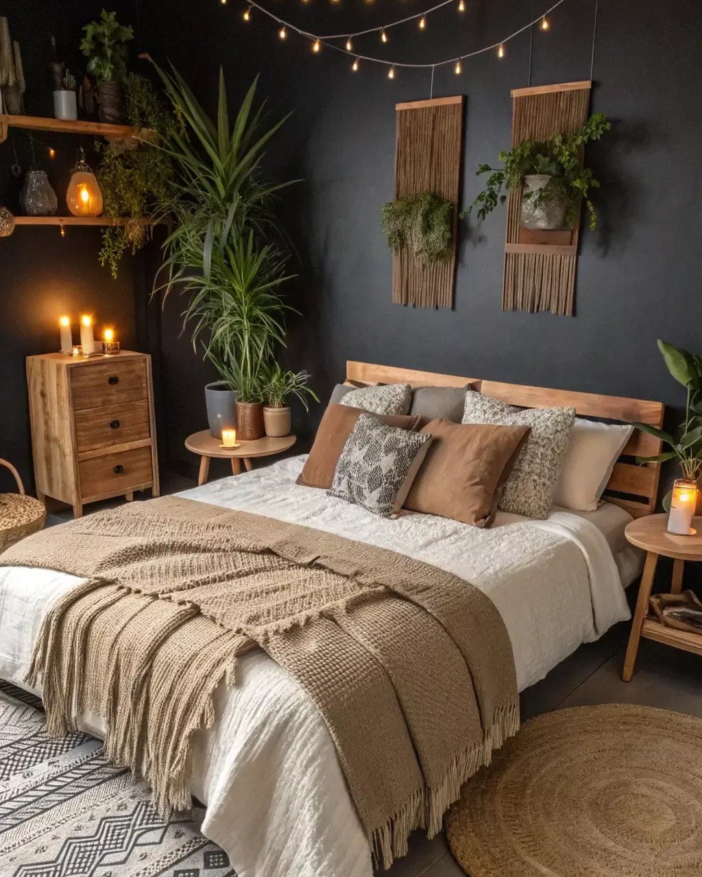 Black accent wall in bedroom decorated with hanging macrame planters and string lights