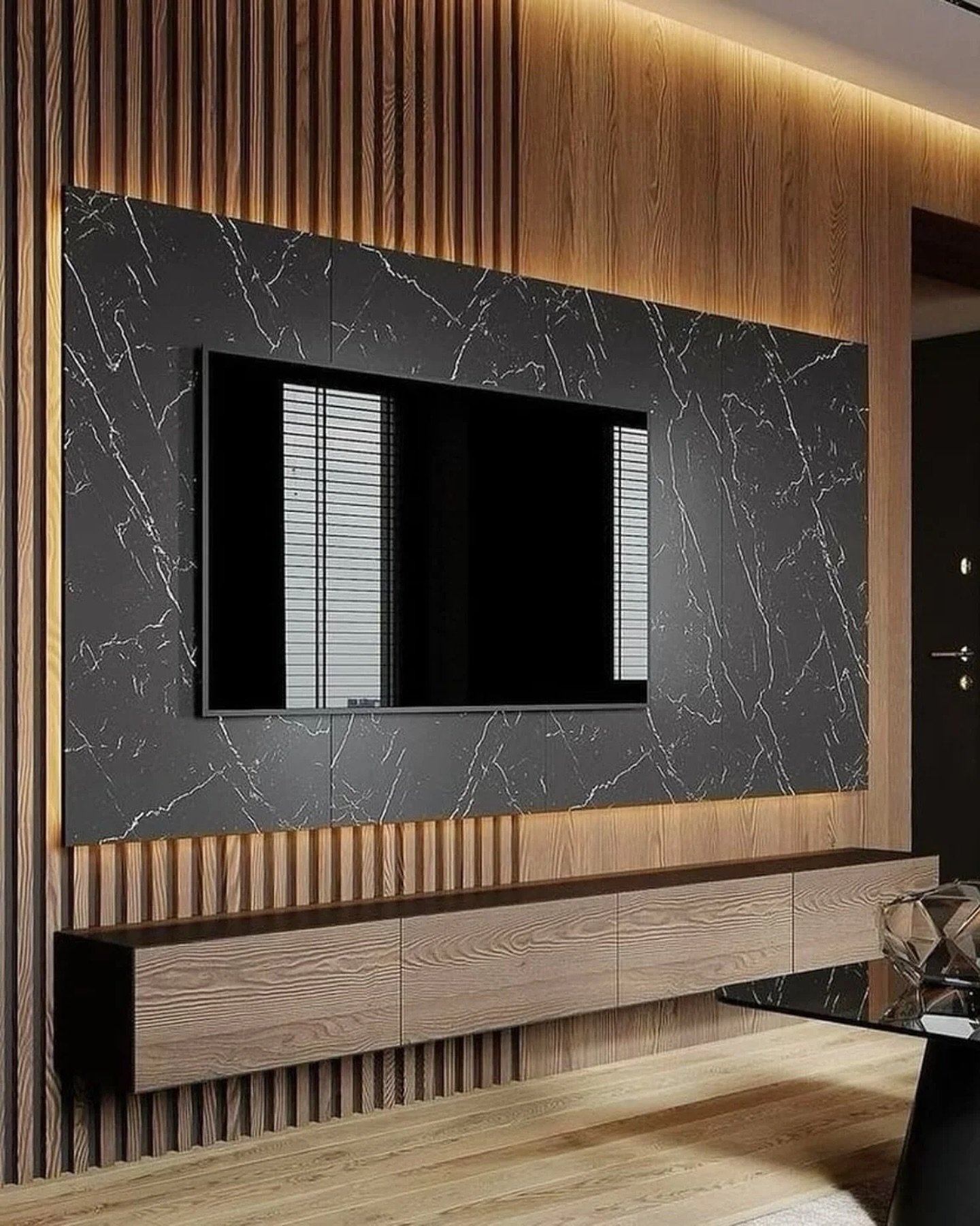 Black marble TV panel with wood slats and floating console.