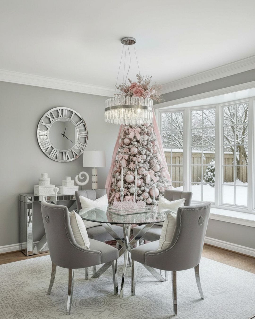 Grey dining room wall featuring large silver Roman numeral clock and mirrored console