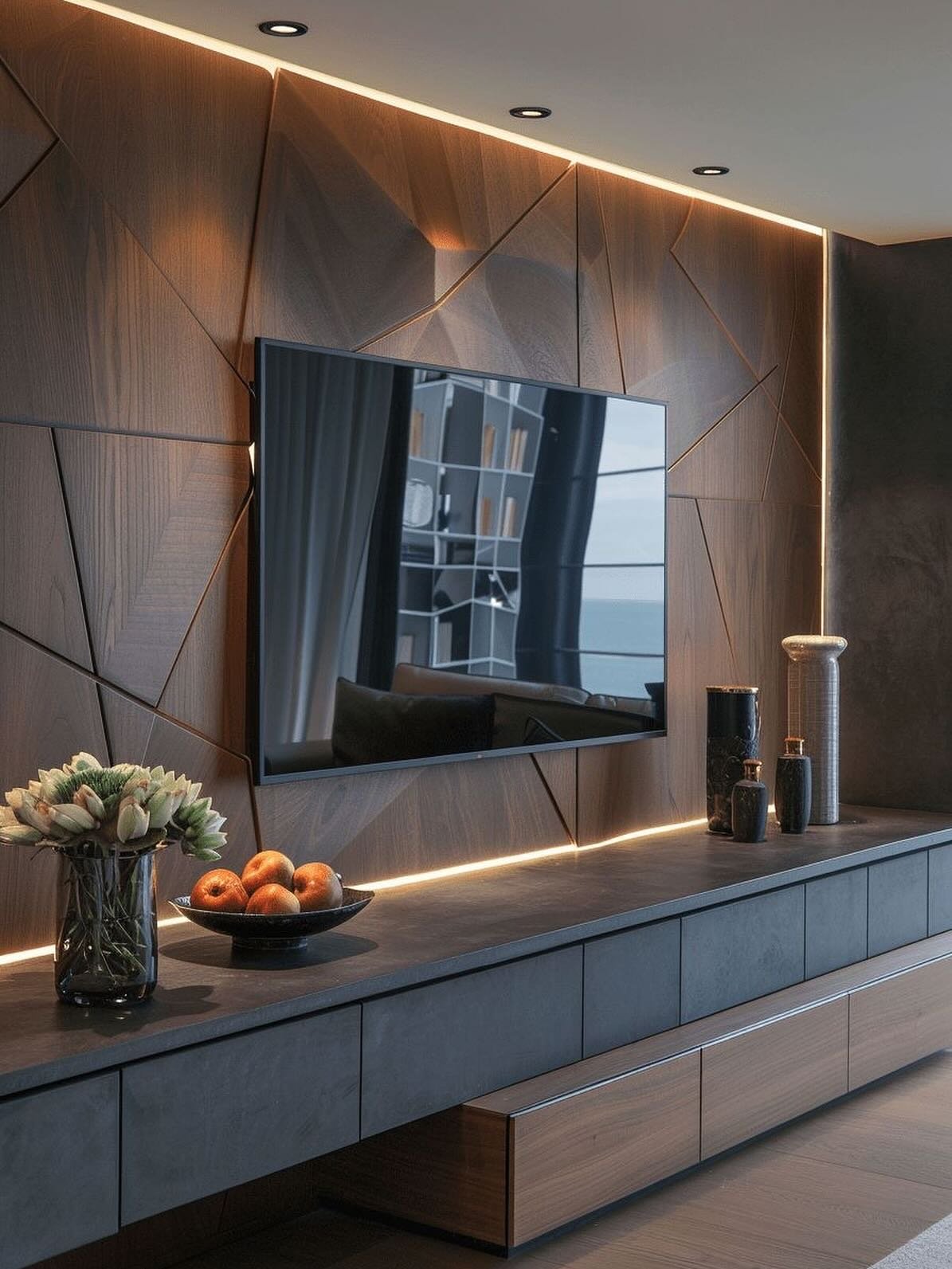 Modern TV accent wall featuring dark wood geometric shapes with integrated LED backlighting.