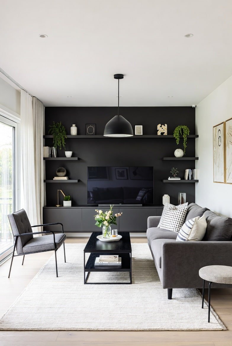 Living room featuring a matte Black Accent Wall with built-in open shelving and a grey sofa.