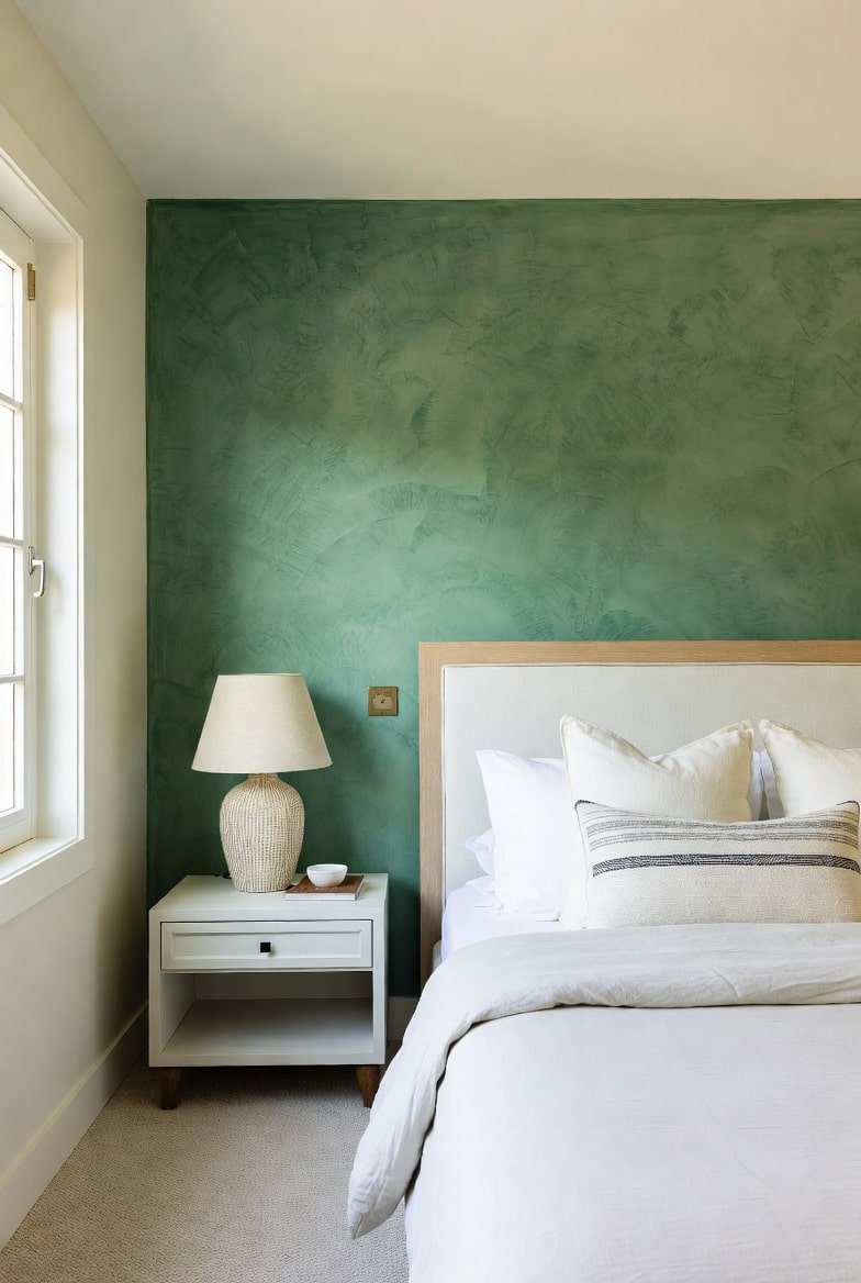 Bedroom with a bright green textured plaster accent wall behind a white and wood bed frame.