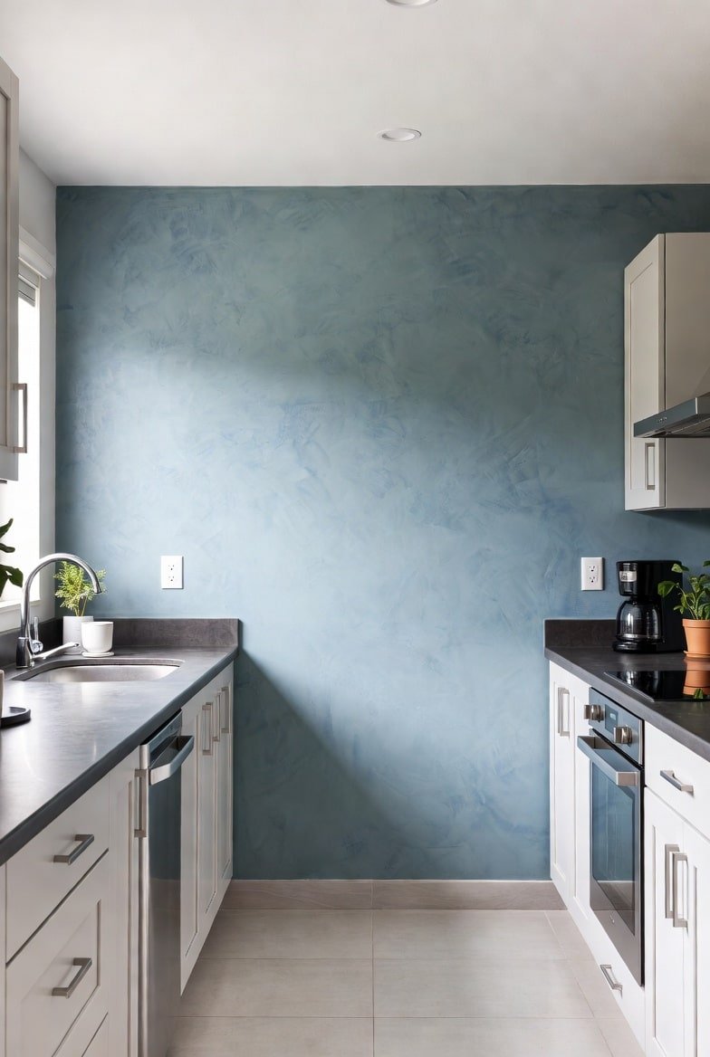 Kitchen featuring a cloudy blue limewash accent wall